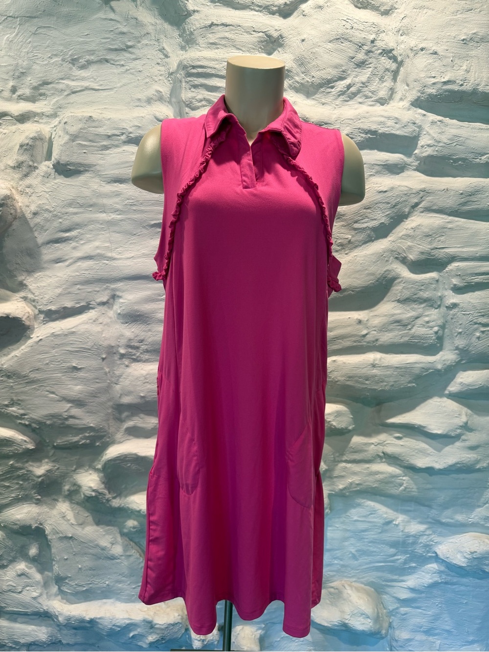 Women's Sleeveless Collared Gottex Dress Hot Pink Ruffle Detail Size Large